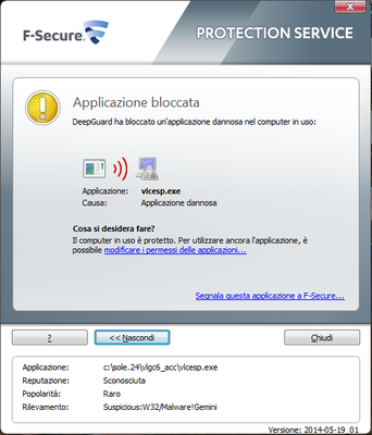 DeepGuard - Dettagli Applicazione bloccata