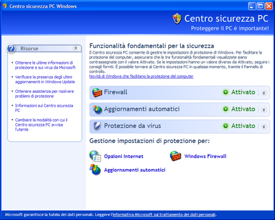 Finestra principale del Centro sicurezza PC