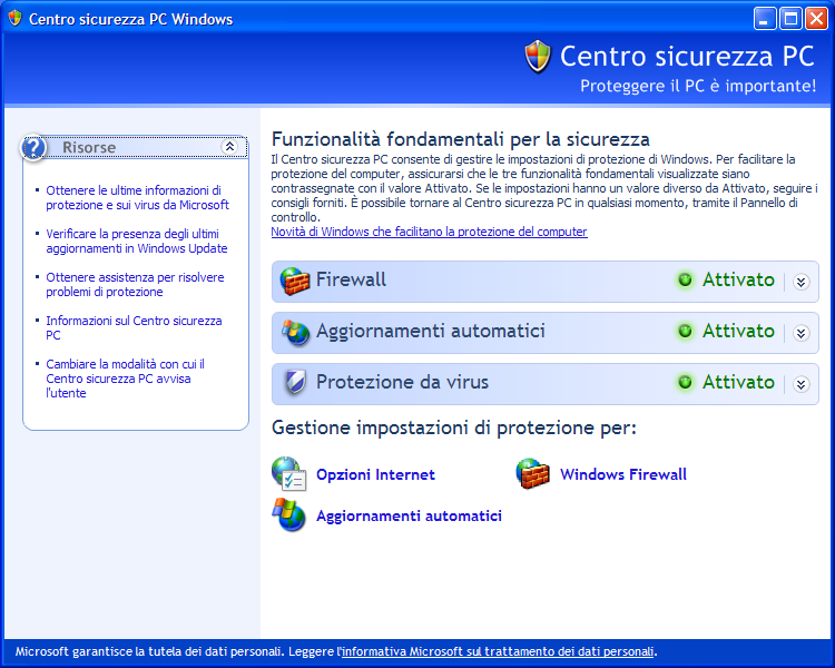 Principale Centro sicurezza PC